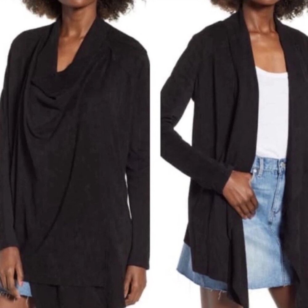 Blank NYC Black Cloud‎ Nine Drape Waterfall Front Faux Suede Jacket Boho S B26